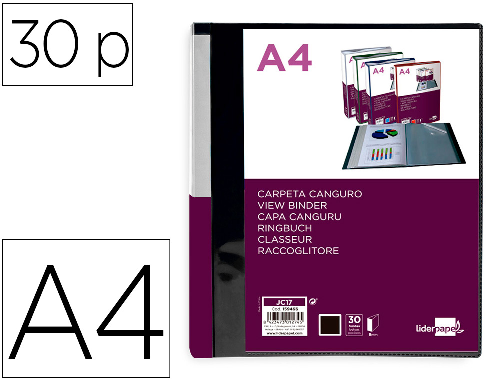 CARPETA LIDERPAPEL 30 FUNDAS CANGURO PP DIN A4 NEGRO OPACO PORTADA Y LOMO PERSONALIZABLE