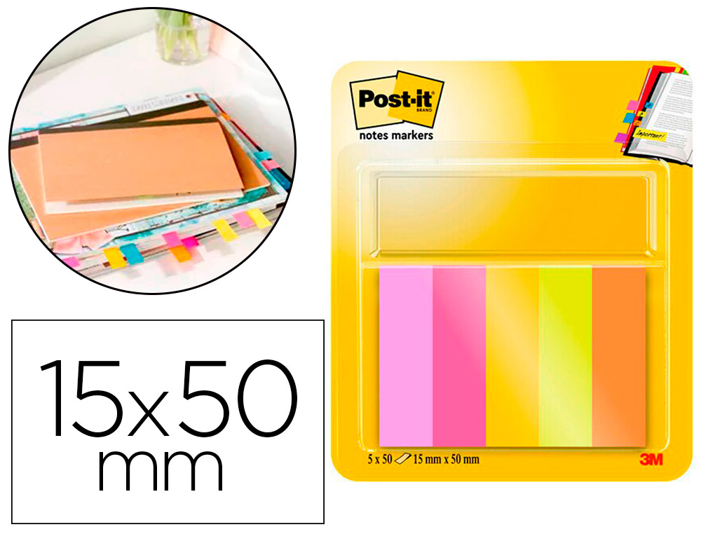 BLOC DE NOTAS ADHESIVAS QUITA Y PON POST-IT MININOTAS ENERGETIC COLOUR 15 X 50 MM 50 HOJAS PACK DE 5 UNIDADES