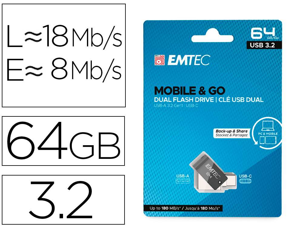 MEMORIA EMTEC USB 3.2 DUAL MOBILE & GO TYPE-C /USB 64 GB