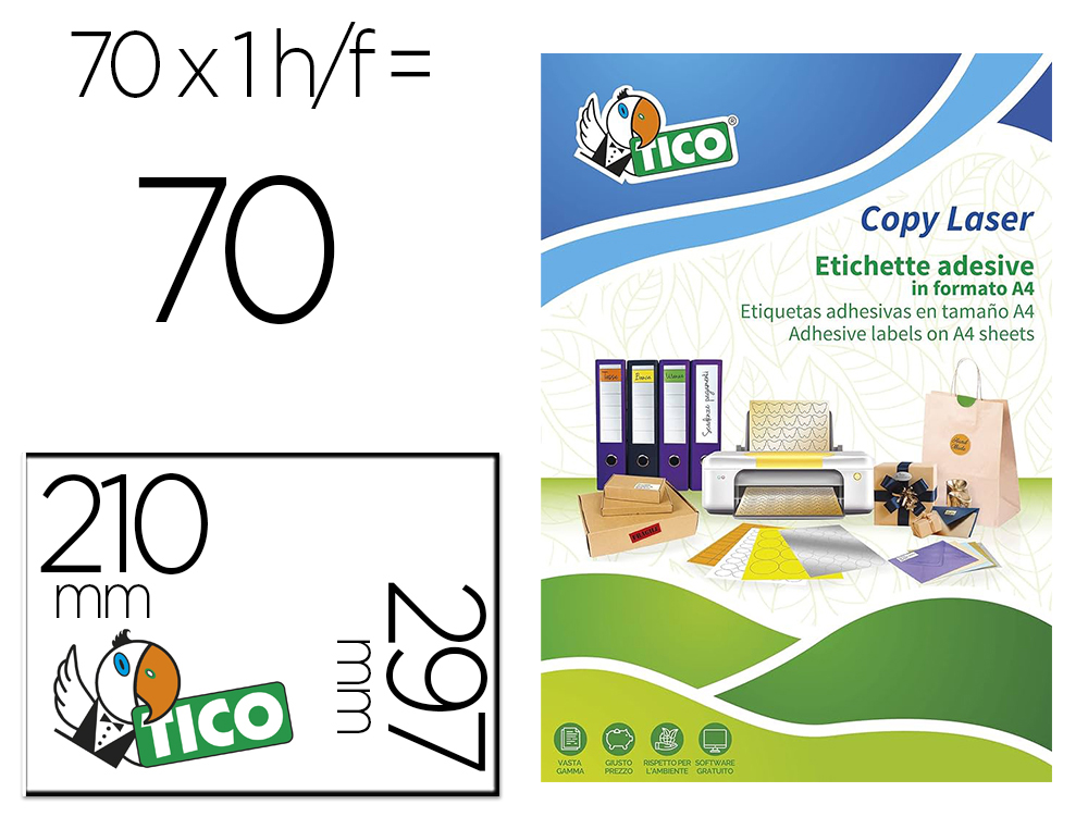 ETIQUETA ADHESIVA TICO ROJO FLUOR PERMANENTE FSC LASER/ INKJET/FOTOCOPIA 210X297 MM CAJA DE 70 UNIDADES
