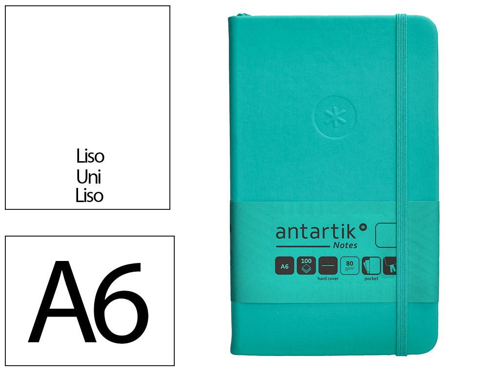 CUADERNO CON GOMILLA ANTARTIK NOTES TAPA DURA A6 HOJAS LISAS TURQUESA 100 HOJAS 80 GR FSC