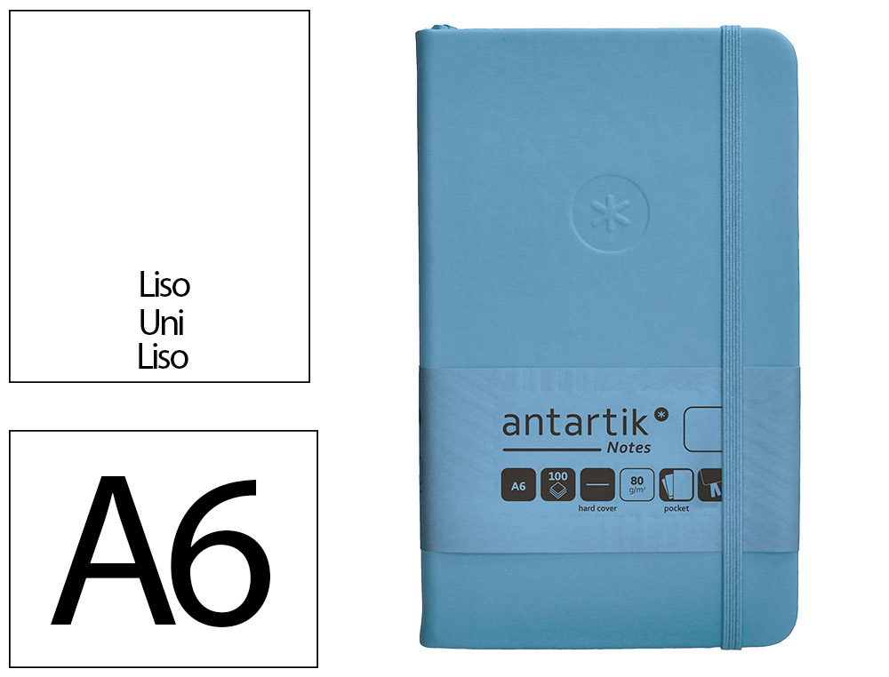 CUADERNO CON GOMILLA ANTARTIK NOTES TAPA DURA A6 HOJAS LISAS AZUL CLARO 100 HOJAS 80 GR FSC