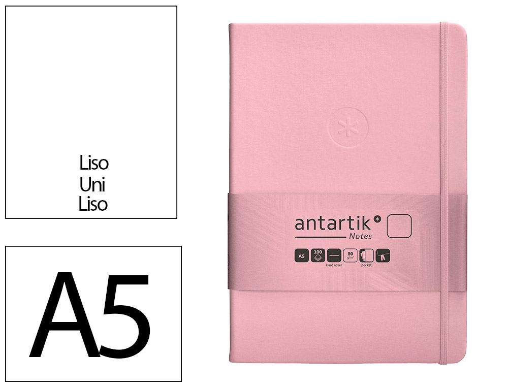 CUADERNO CON GOMILLA ANTARTIK NOTES TAPA DURA A5 HOJAS LISAS ROSA PASTEL 100 HOJAS 80 GR FSC