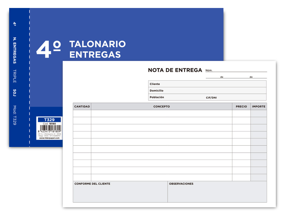 TALONARIO LIDERPAPEL ENTREGAS CUARTO ORIGINAL Y 2 COPIAS T329 APAISADO