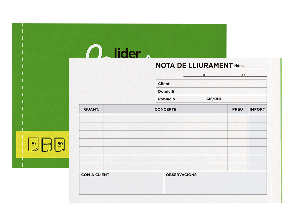 TALONARIO LIDERPAPEL ENTREGAS 8 ORIGINAL Y COPIA T228 APAISADO TEXTO EN CATALAN