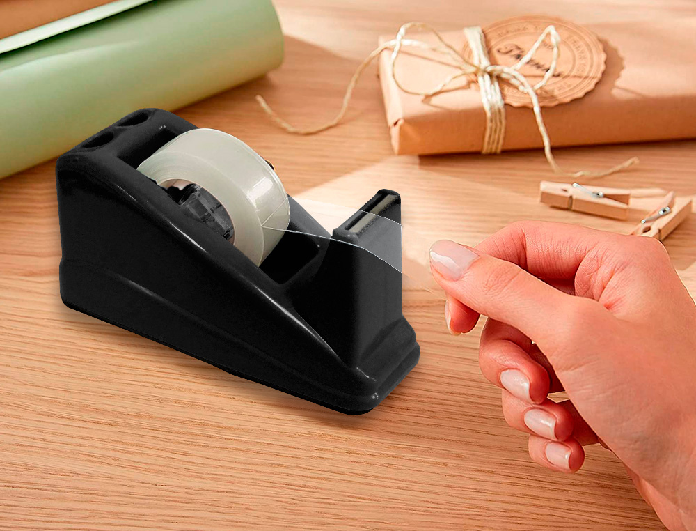 PORTARROLLO SOBREMESA Q-CONNECT PLASTICO PARA CINTA DE 33 MT COLOR NEGRO 135X58X60 MM