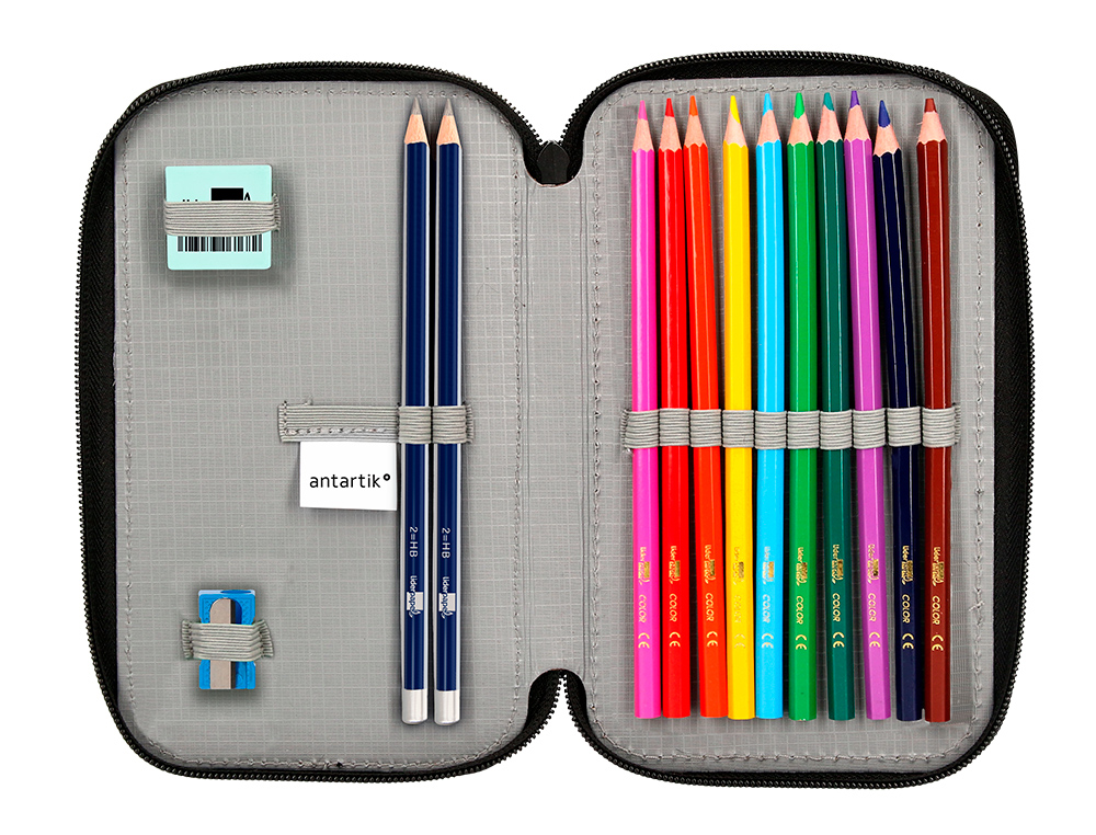 PLUMIER ESCOLAR ANTARTIK DOBLE CREMALLLERA COLOR AZUL 28 PIEZAS