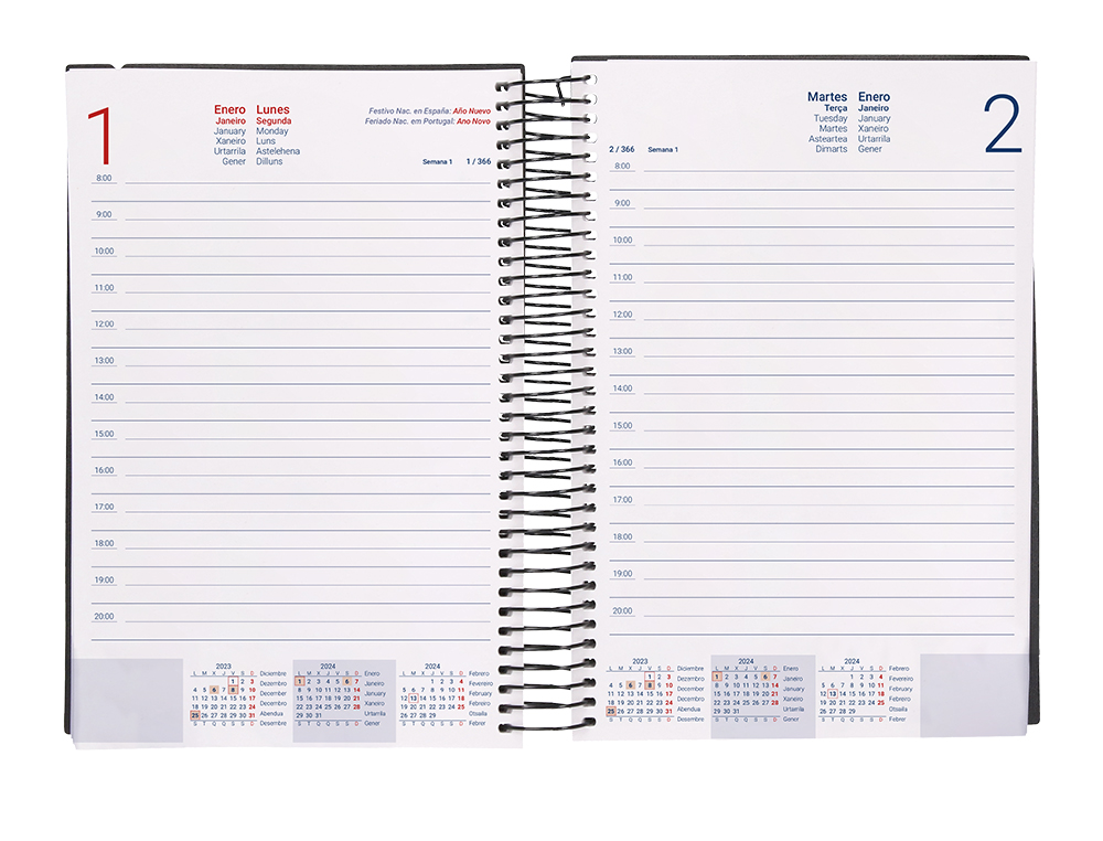 AGENDA ESPIRAL LIDERPAPEL OLBIA 15X21 CM 2024 DIA PAGINA TAPA POLIPROPILENO METALIZADO NEGRO PAPEL 60 GR