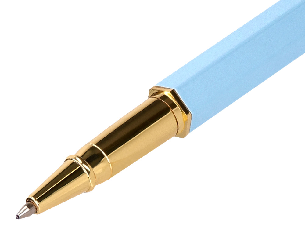 BOLIGRAFO BELIUS MACARON BLISS FORMA HEXAGONAL COLOR CELESTE Y DORADO TINTA AZUL CAJA DE DISEO