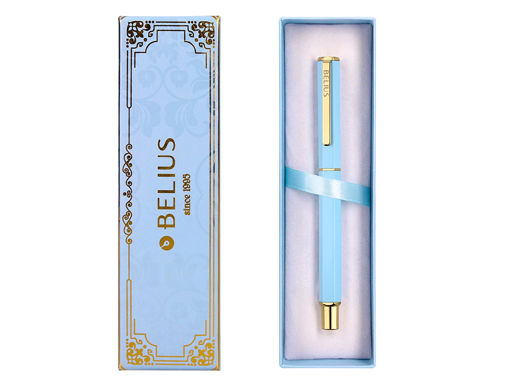 BOLIGRAFO BELIUS MACARON BLISS FORMA HEXAGONAL COLOR CELESTE Y DORADO TINTA AZUL CAJA DE DISEO