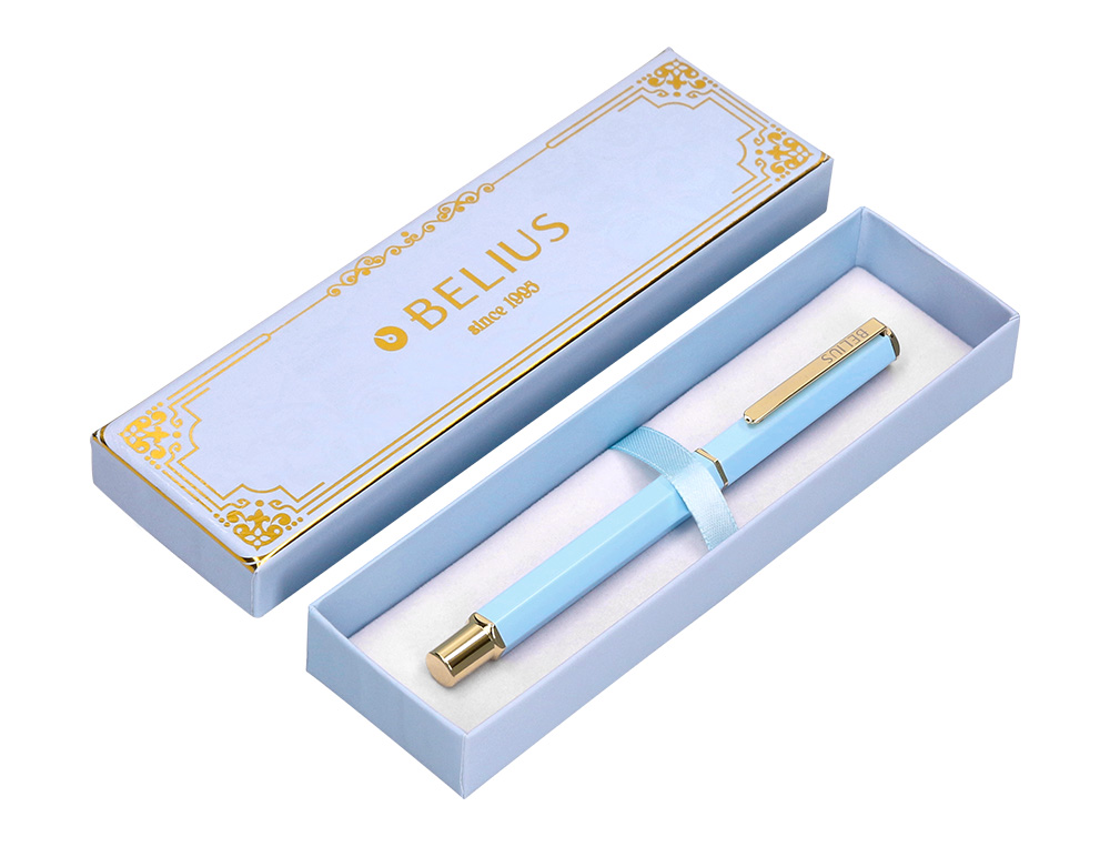 BOLIGRAFO BELIUS MACARON BLISS FORMA HEXAGONAL COLOR CELESTE Y DORADO TINTA AZUL CAJA DE DISEO