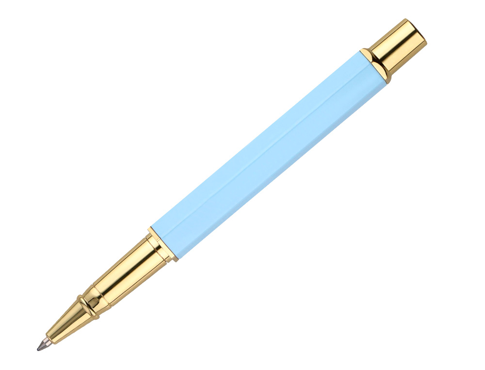 BOLIGRAFO BELIUS MACARON BLISS FORMA HEXAGONAL COLOR CELESTE Y DORADO TINTA AZUL CAJA DE DISEO