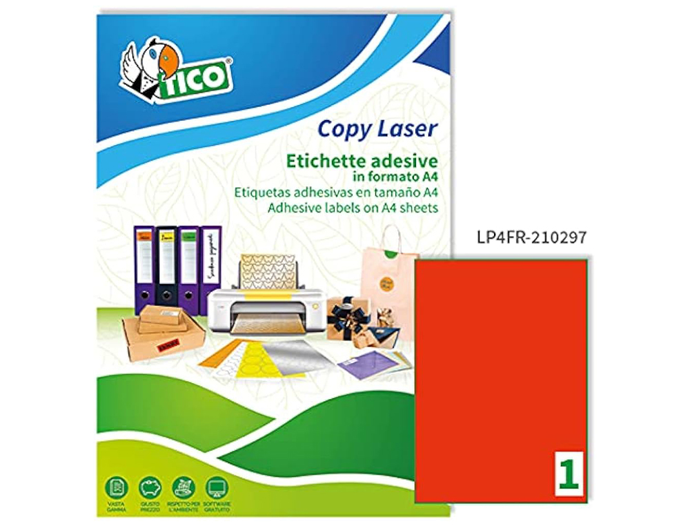ETIQUETA ADHESIVA TICO ROJO FLUOR PERMANENTE FSC LASER/ INKJET/FOTOCOPIA 210X297 MM CAJA DE 70 UNIDADES