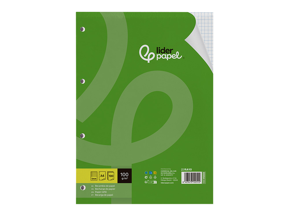 RECAMBIO LIDERPAPEL A4 100 HOJAS 100GR CUADRO 5MM CON MARGEN 4 TALADROS