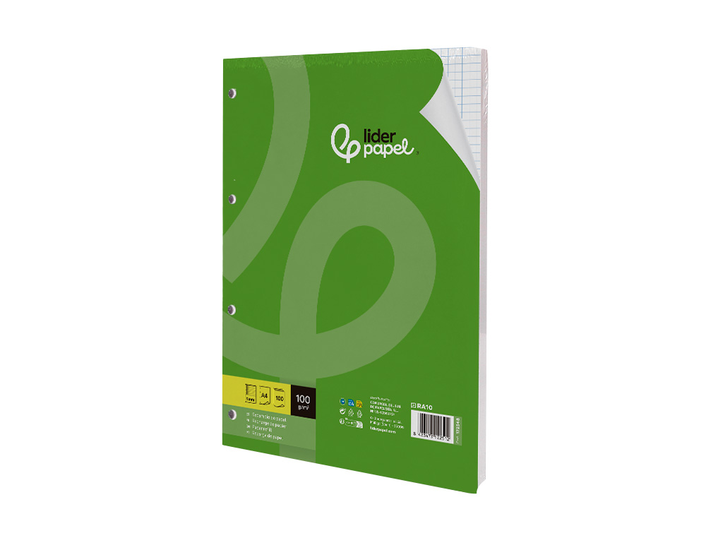 RECAMBIO LIDERPAPEL A4 100 HOJAS 100GR CUADRO 5MM CON MARGEN 4 TALADROS