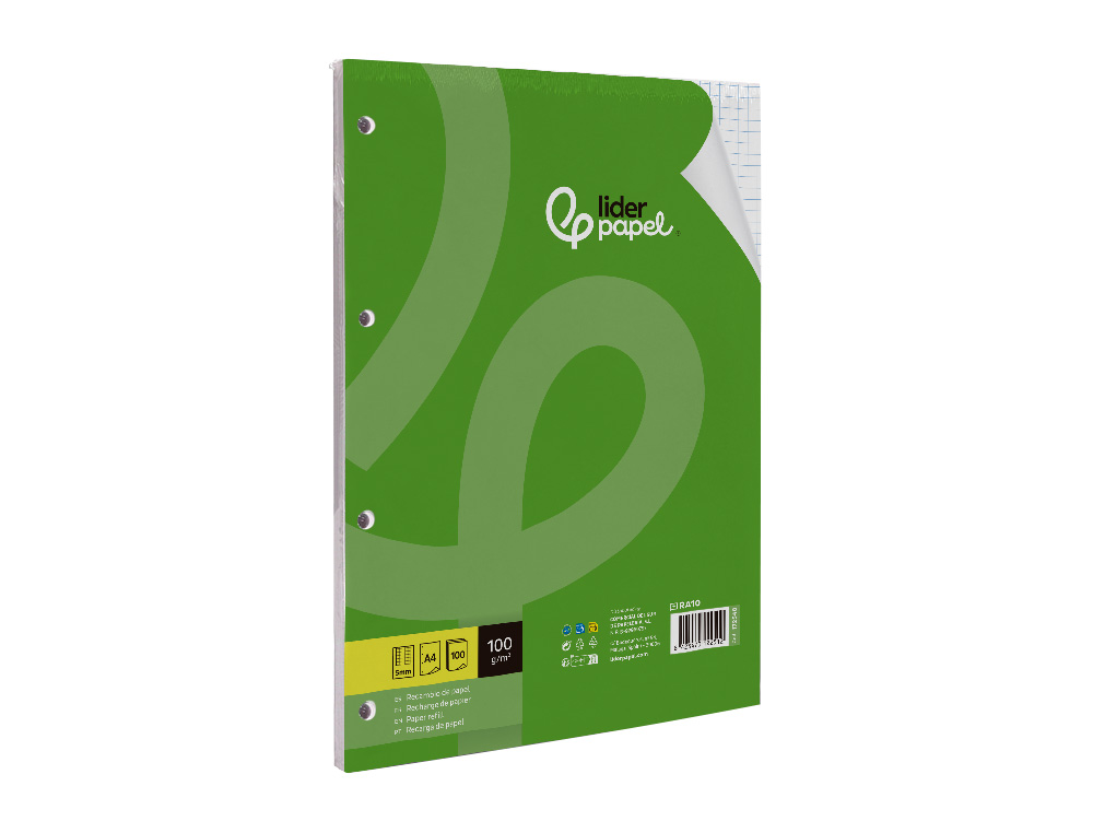 RECAMBIO LIDERPAPEL A4 100 HOJAS 100GR CUADRO 5MM CON MARGEN 4 TALADROS
