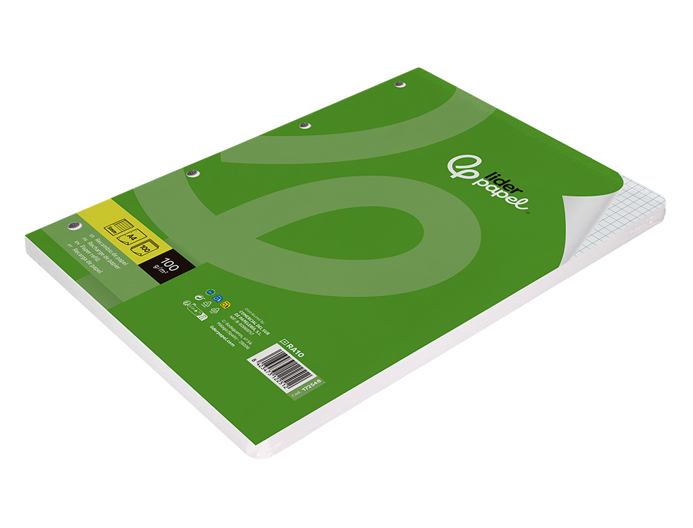 RECAMBIO LIDERPAPEL A4 100 HOJAS 100GR CUADRO 5MM CON MARGEN 4 TALADROS