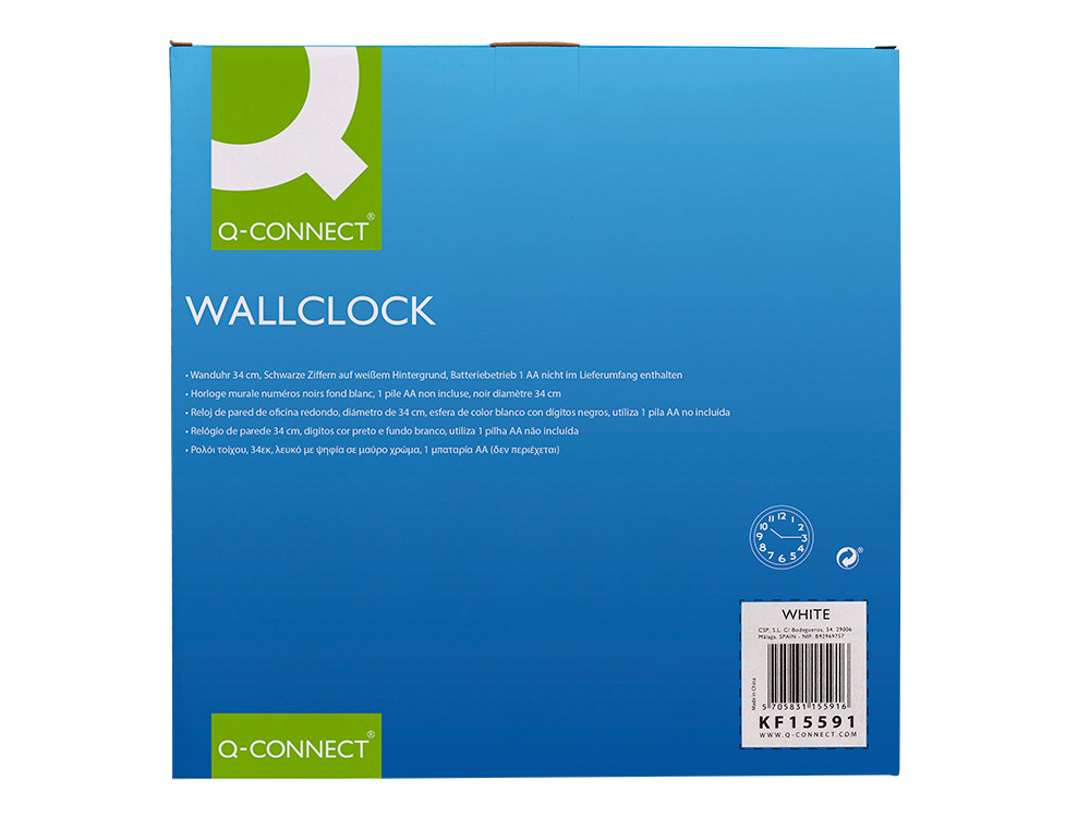 RELOJ Q-CONNECT DE PARED PLASTICO OFICINA REDONDO 34 CM MARCO BLANCO