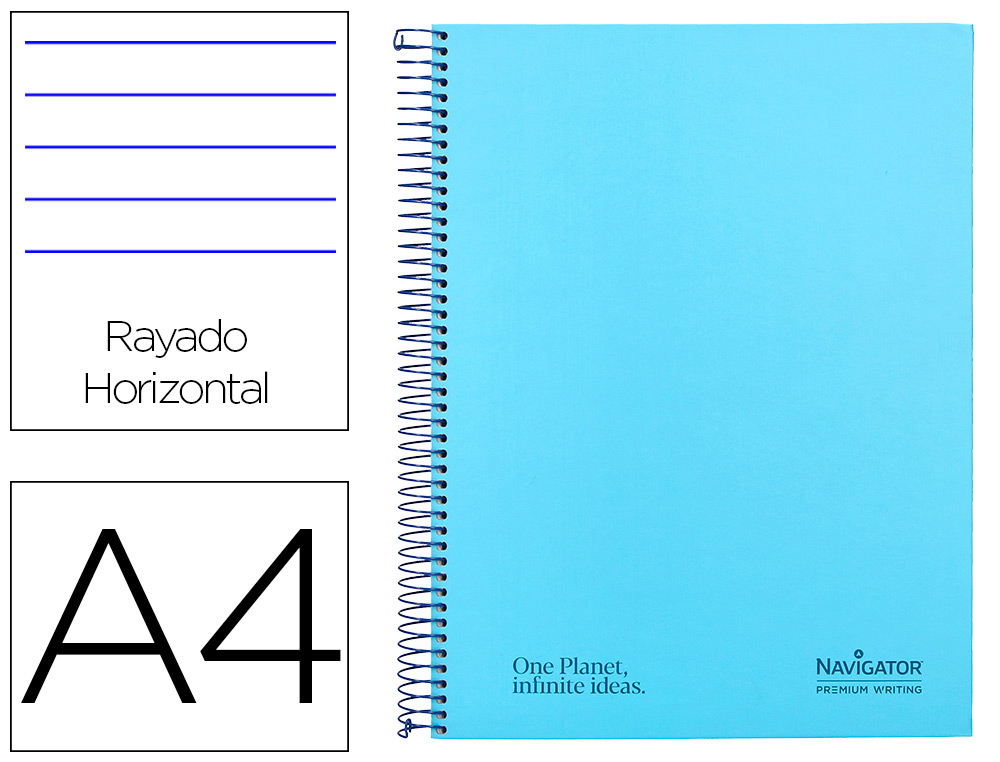 CUADERNO ESPIRAL NAVIGATOR A4 MICRO TAPA FORRADA 120H 80GR HORIZONTAL 5 BANDA 4 TALADROS COLOR CELESTE