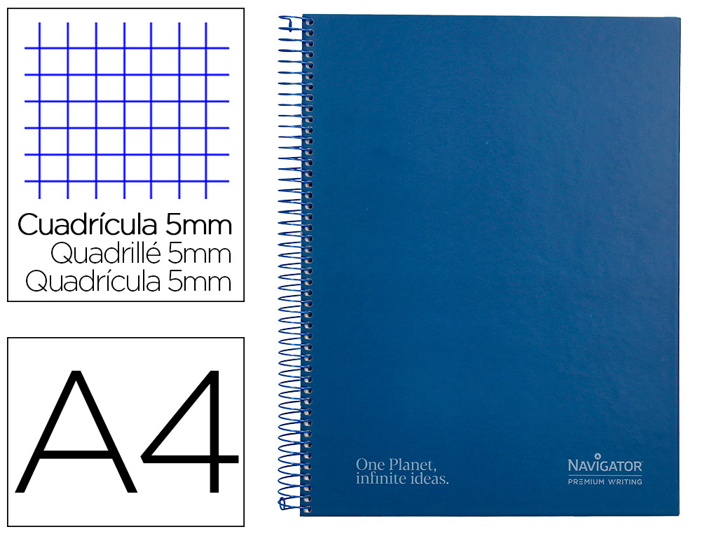 CUADERNO ESPIRAL NAVIGATOR A4 MICRO TAPA FORRADA 80H 80GR CUADRO 5MM UNA BANDA COLOR AZUL MARINO
