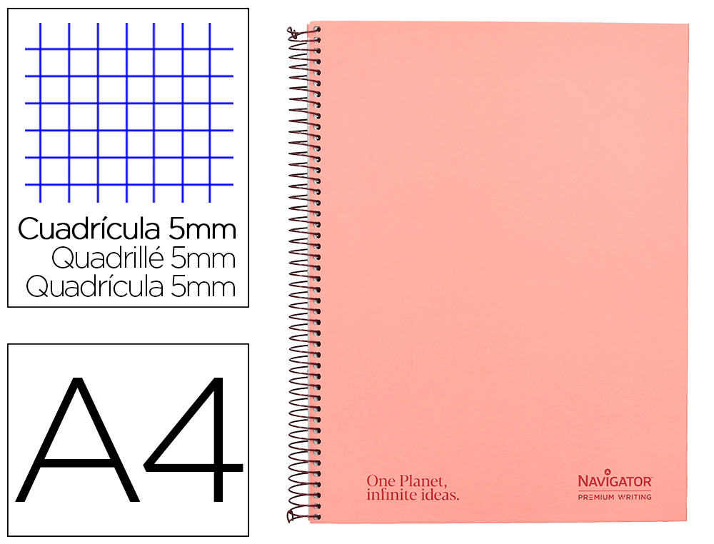 CUADERNO ESPIRAL NAVIGATOR A4 MICRO TAPA FORRADA 120H 80GR CUADRO 5MM 5 BANDAS 4 TALADROS COLOR ROSA