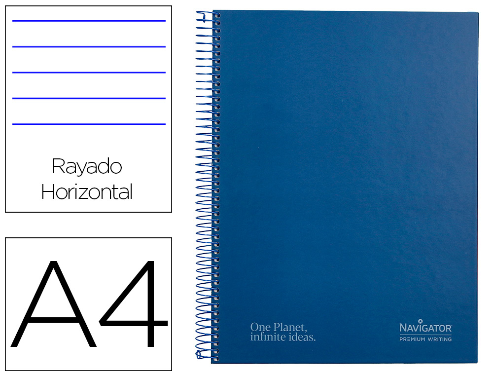 CUADERNO ESPIRAL NAVIGATOR A4 MICRO TAPA FORRADA 120H 80GR HORIZONTAL 5 BANDAS 4 TALADROS COLOR AZUL MARINO