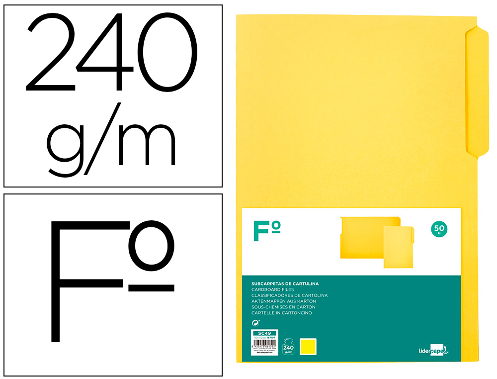 SUBCARPETA CARTULINA LIDERPAPEL FOLIO PESTAA IZQUIERDA 240G/M2 AMARILLO
