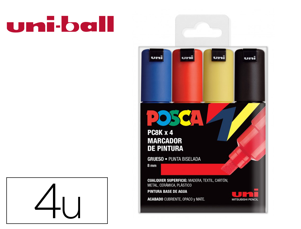 ROTULADOR UNI POSCA PC-8K/4C MARCADOR DE PINTURA PUNTA BISELADA 8 MM ESTUCHE DE 4 UNIDADES COLORES BASICOS